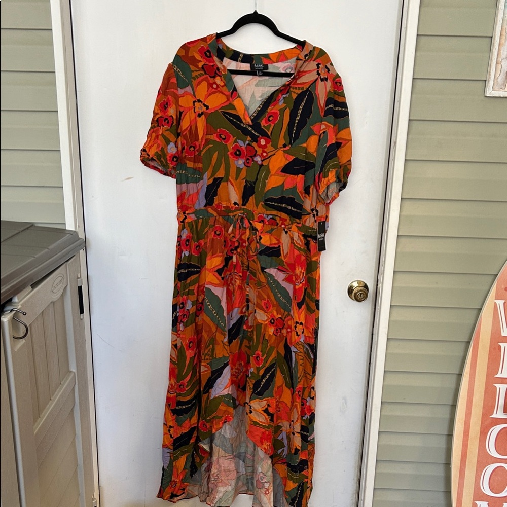 MSK High Low Dress - Orange and Green Floral great for Fall